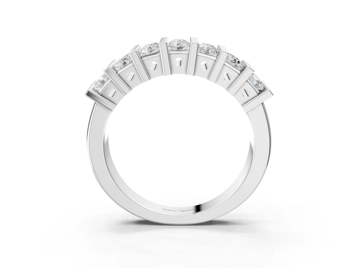 Silver Channel Set Round Diamond Step Band with Bar Prong Setting