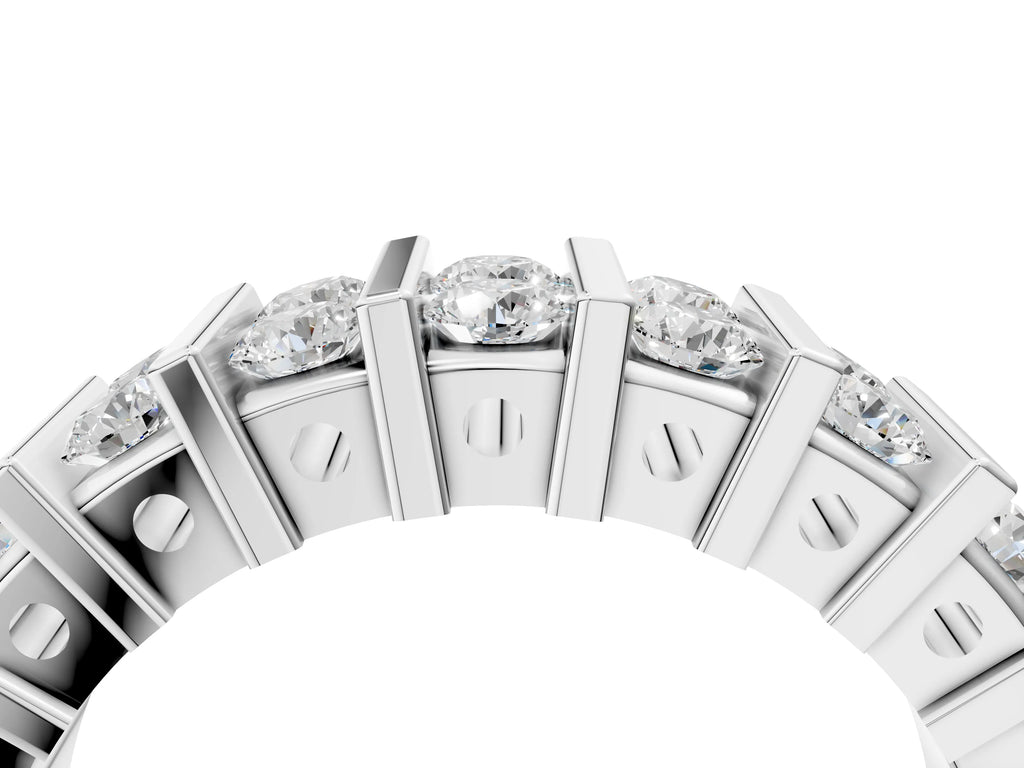 Silver Channel Set Round Diamond Step Band with Bar Prong Setting