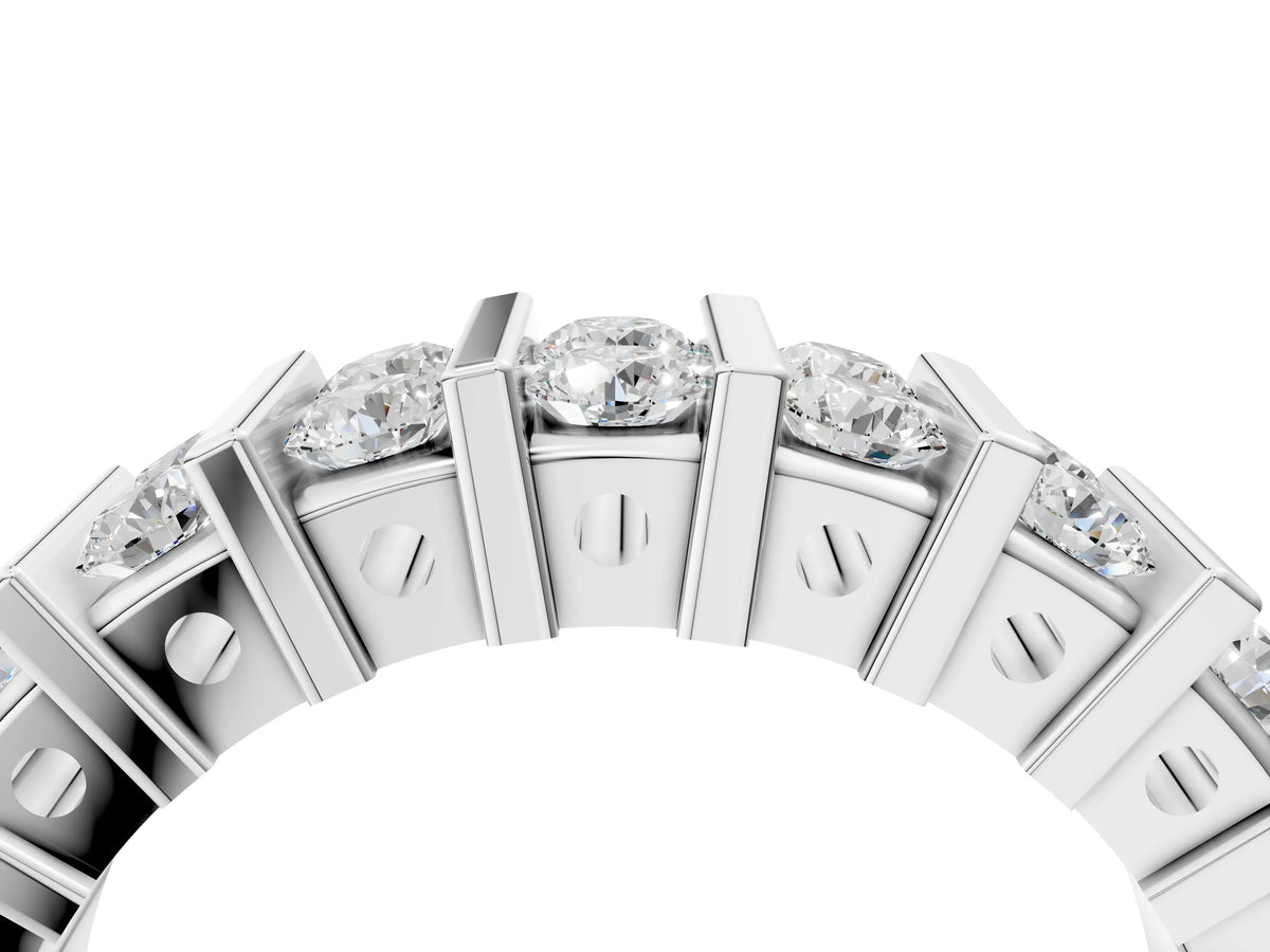 Silver Channel Set Round Diamond Step Band with Bar Prong Setting