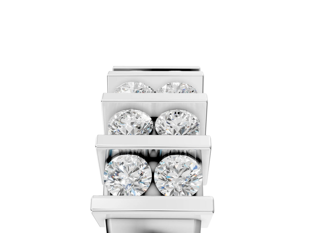 Silver Channel Set Round Diamond Step Band with Bar Prong Setting