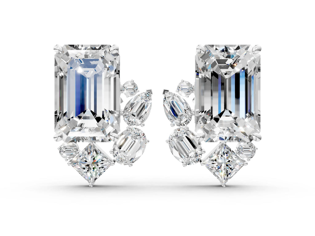 Silver Emerald Cut Diamond Stud Earrings with Round and Oval Accents