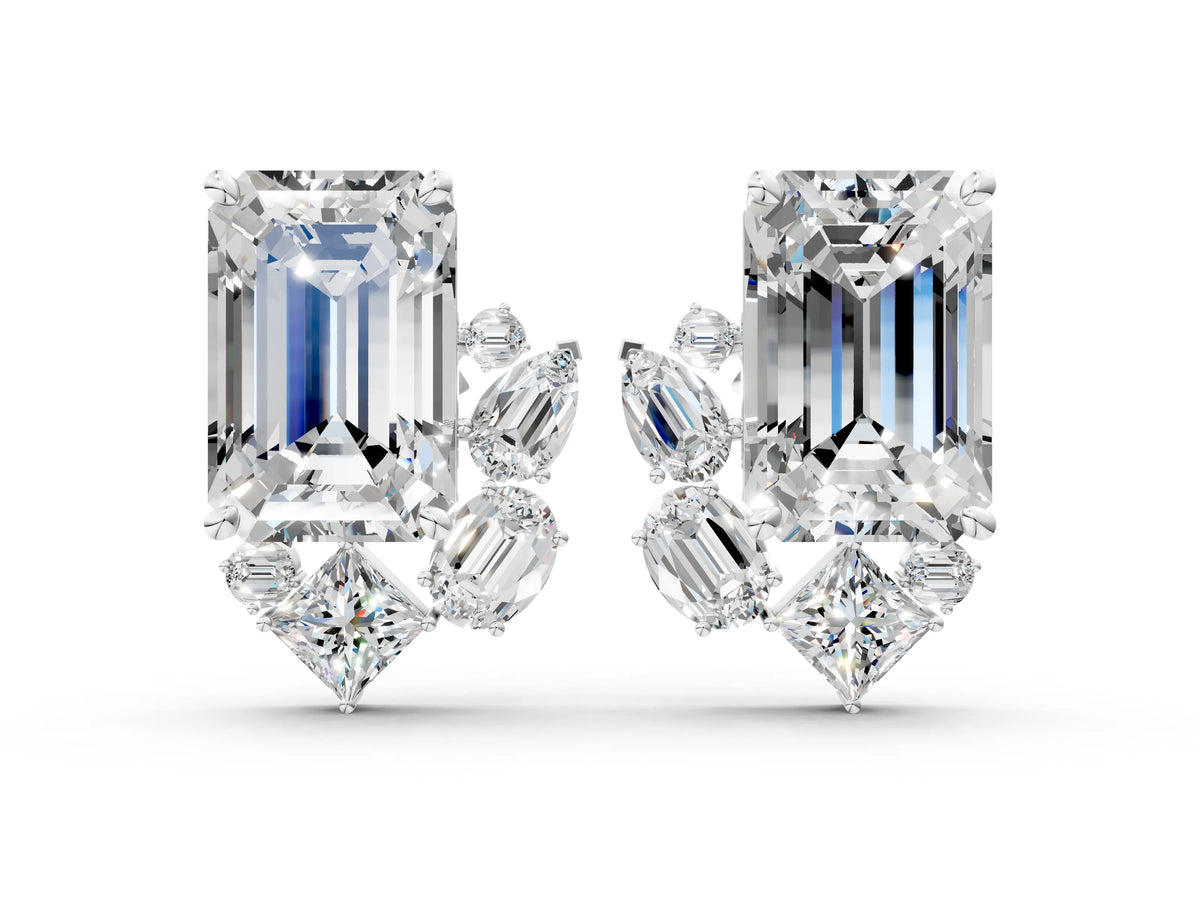 Silver Emerald Cut Diamond Stud Earrings with Round and Oval Accents