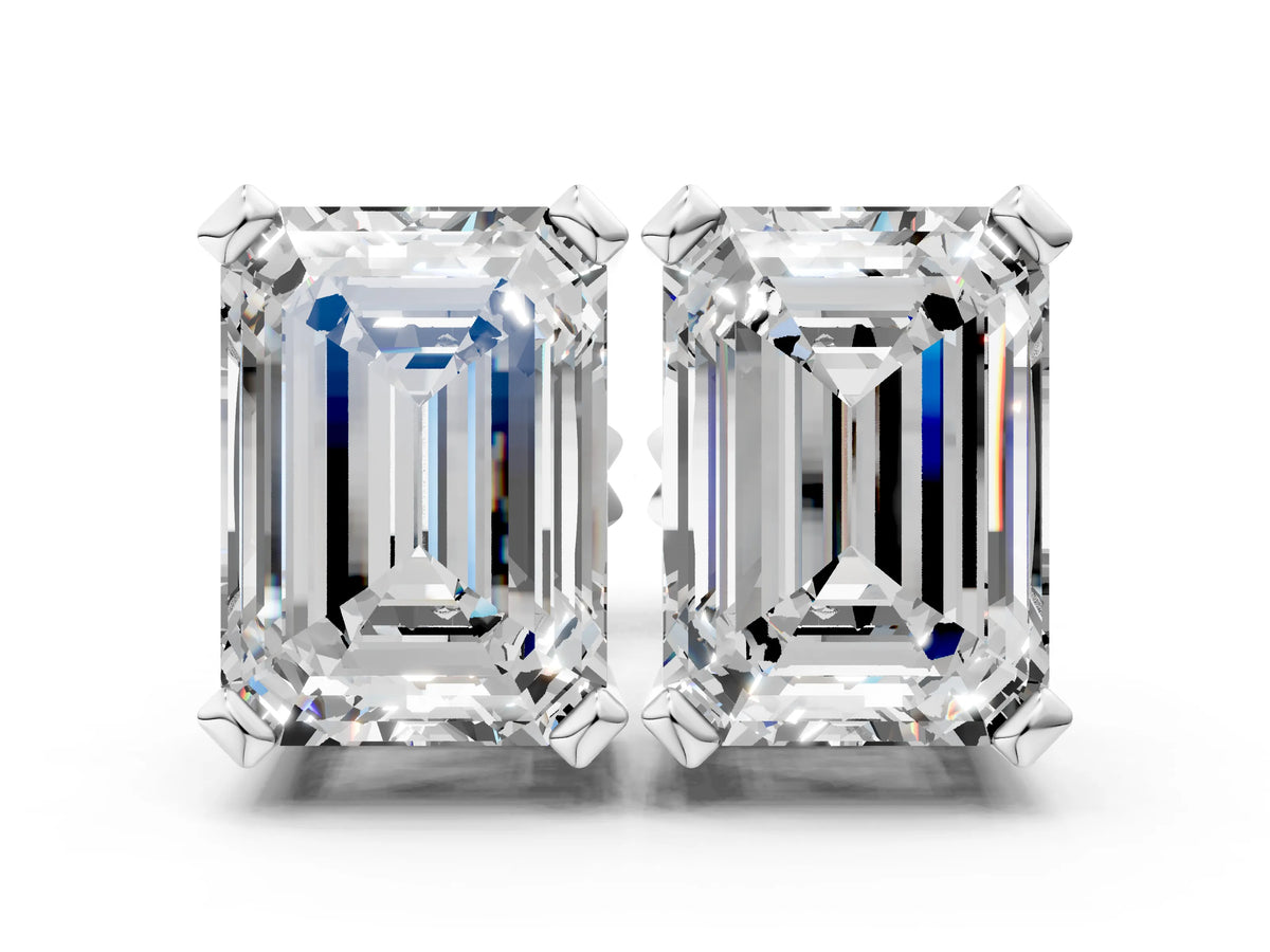 Silver Emerald Cut Diamond Stud Earrings