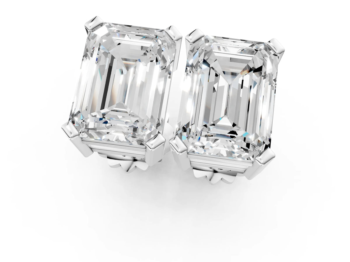 Silver Emerald Cut Diamond Stud Earrings