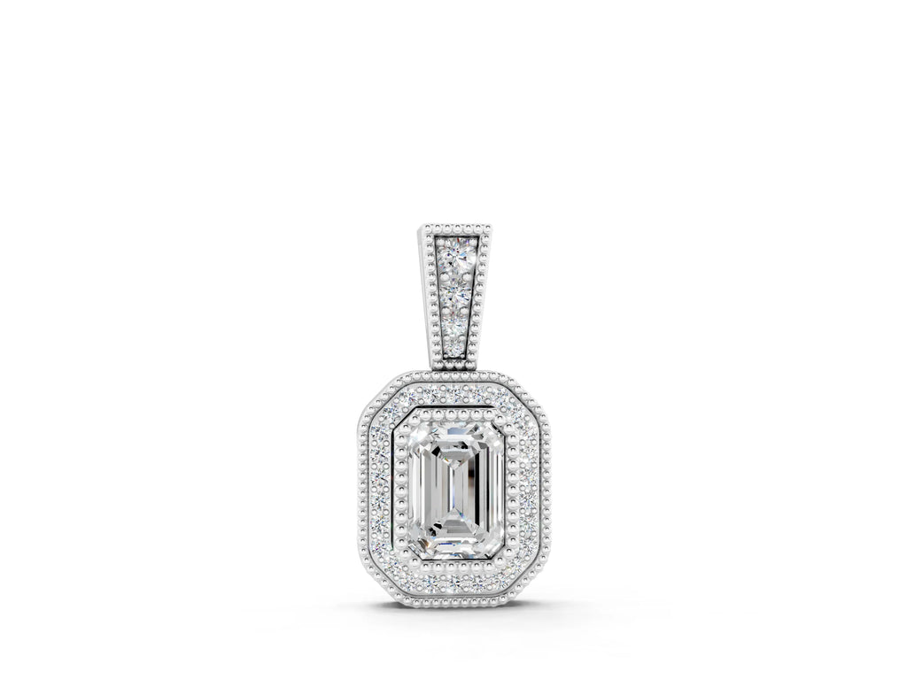 Silver Emerald Cut Halo Diamond Pendant with Pavé Setting