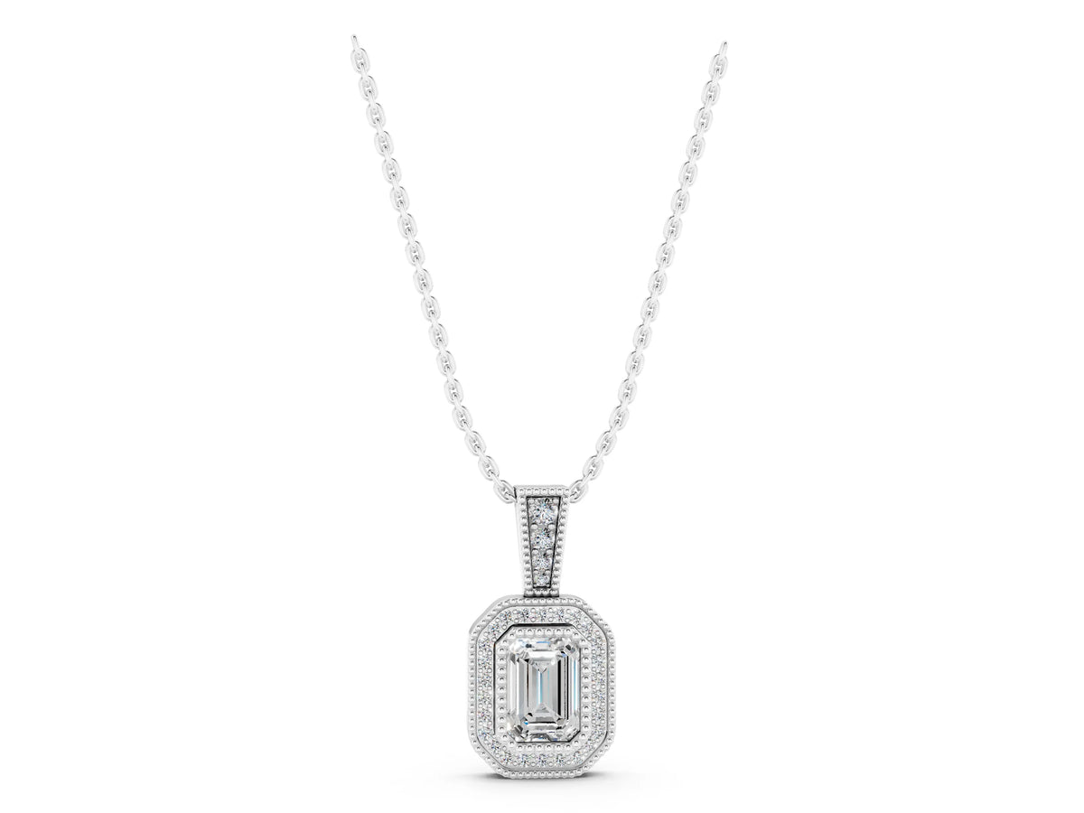 Silver Emerald Cut Halo Diamond Pendant with Pavé Setting