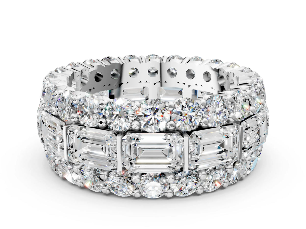Silver Emerald Cut and Round Diamond Three-Row Eternity Mens Band
