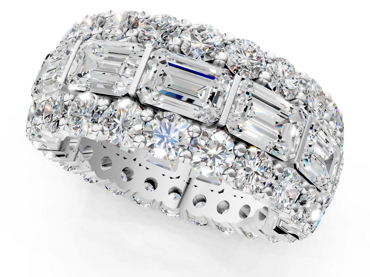 Silver Emerald Cut and Round Diamond Three-Row Eternity Mens Band