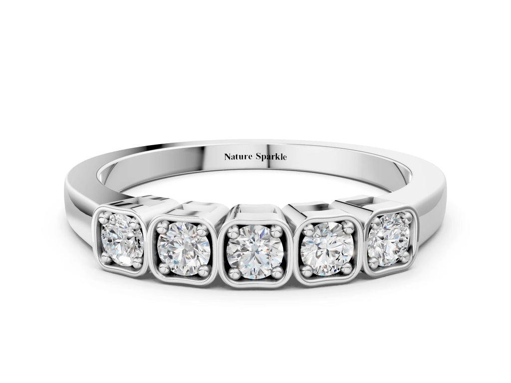 Silver Five-Stone Round Diamond Bezel Set White Gold Band