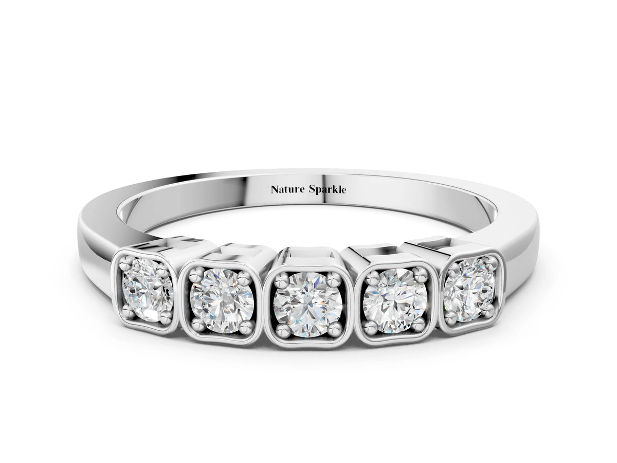 Silver Five-Stone Round Diamond Bezel Set White Gold Band