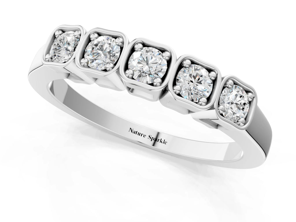 Silver Five-Stone Round Diamond Bezel Set White Gold Band