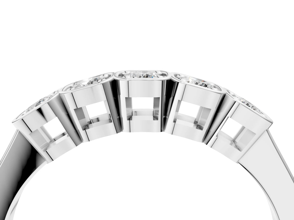 Silver Five-Stone Round Diamond Bezel Set White Gold Band