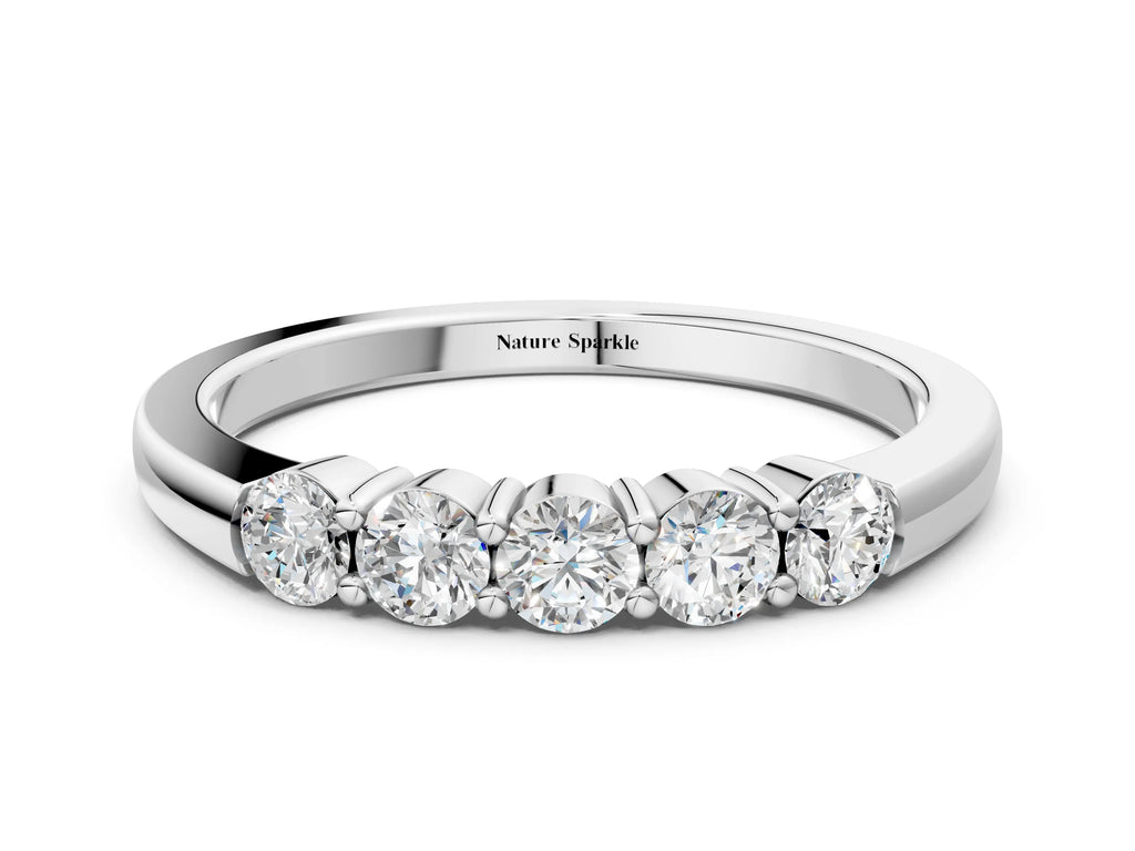 Silver Five-Stone Round Diamond Channel Set Band with Shared Prong Setting
