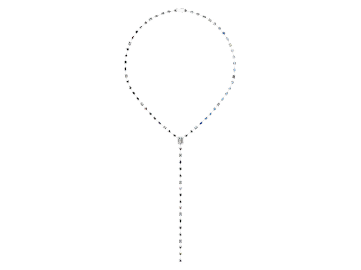 Silver Mixed Shape Diamond Lariat Necklace with Station Accents