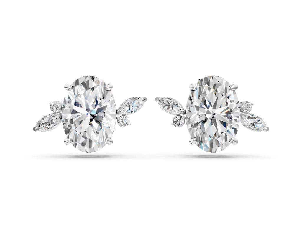 Silver Oval Cut Diamond Nature-Inspired Stud Earrings with Marquise and Round Accents