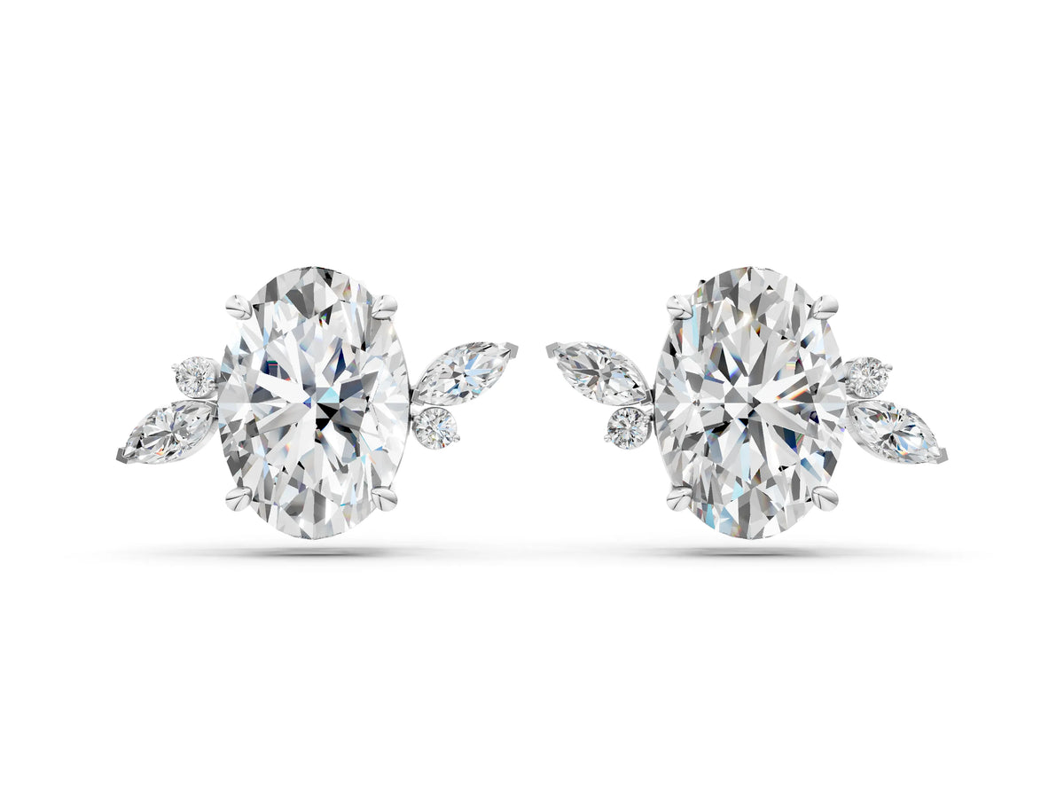 Silver Oval Cut Diamond Nature-Inspired Stud Earrings with Marquise and Round Accents