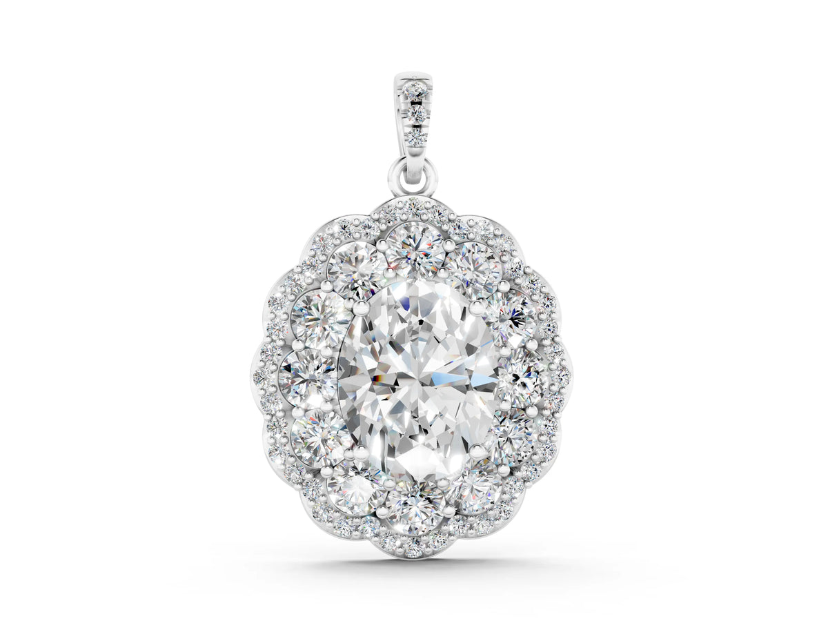 Silver Oval Diamond Floral Halo Pendant with Diamond Accents