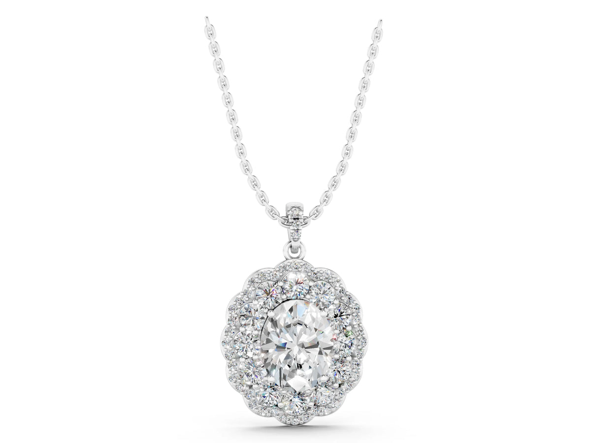 Silver Oval Diamond Floral Halo Pendant with Diamond Accents