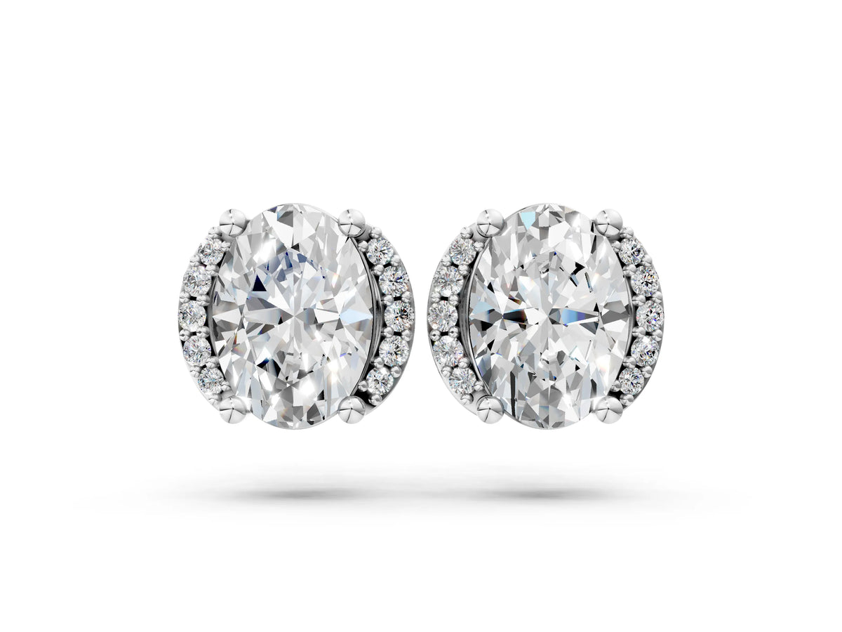 Silver Oval Diamond Half Halo Stud Earrings