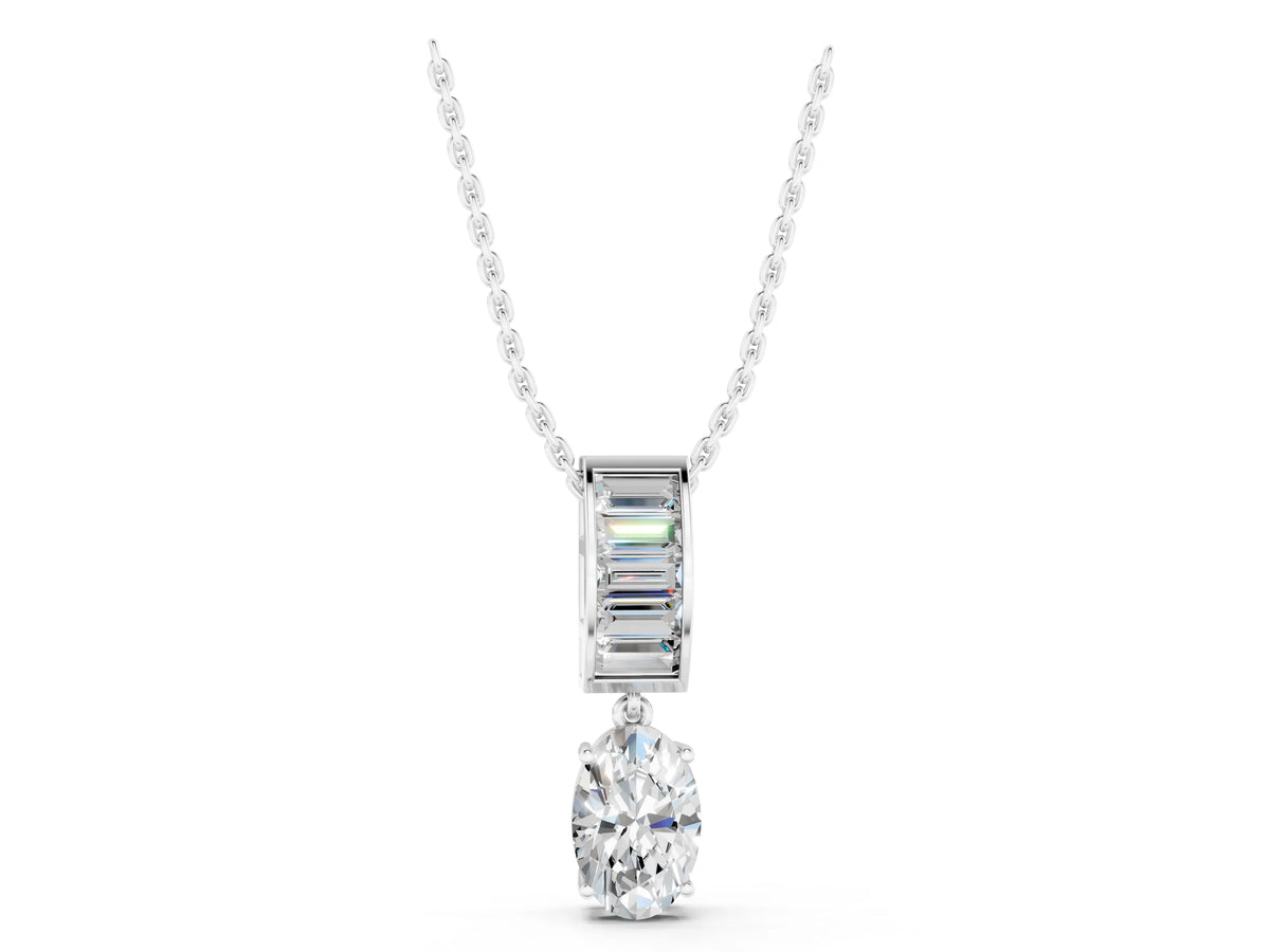 Silver Oval and Baguette Diamond Drop Pendant