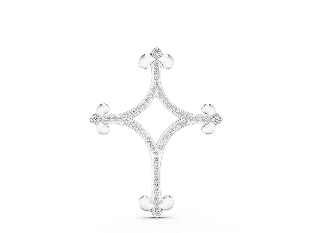 Silver Pavé Diamond Cushion Cross Pendant with Fleur-de-Lis Prongs