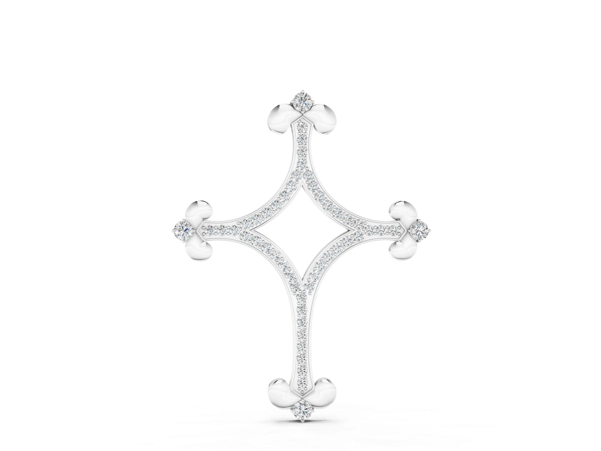 Silver Pavé Diamond Cushion Cross Pendant with Fleur-de-Lis Prongs