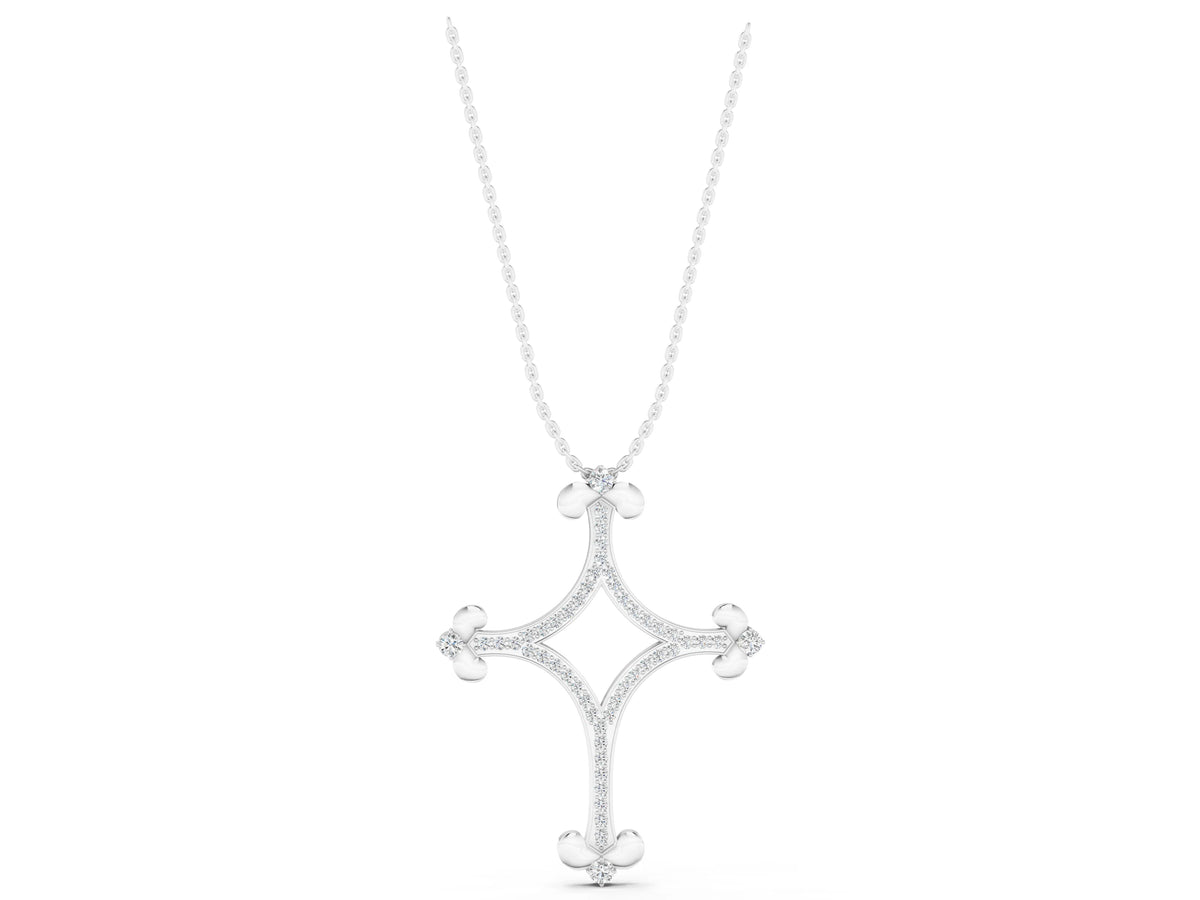 Silver Pavé Diamond Cushion Cross Pendant with Fleur-de-Lis Prongs