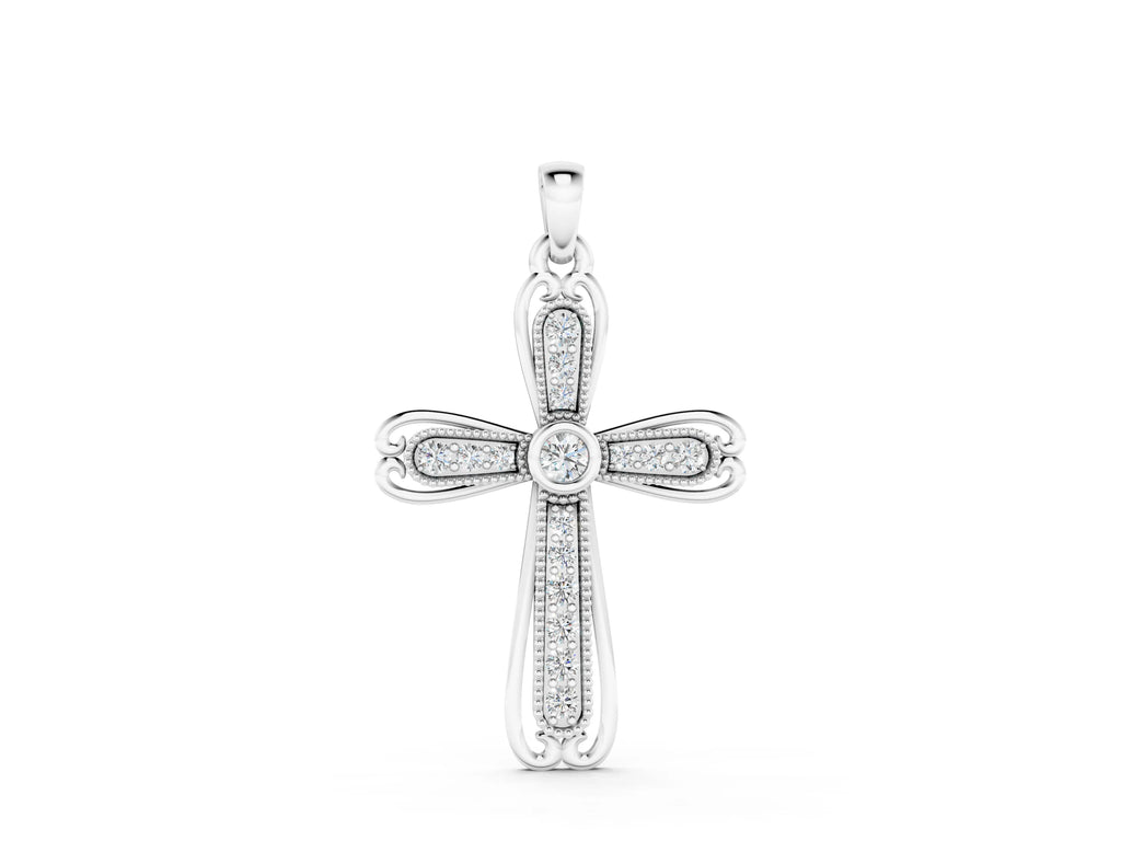 Silver Pavé Round Diamond Cross Pendant with Bezel Setting