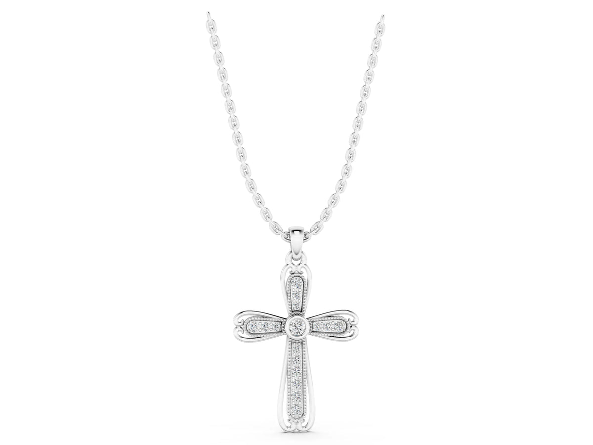 Silver Pavé Round Diamond Cross Pendant with Bezel Setting