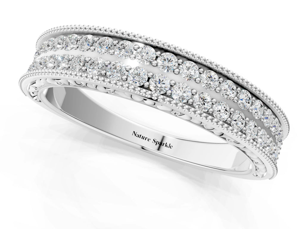 Silver Pavé Round Diamond Eternity Band with Milgrain Edge