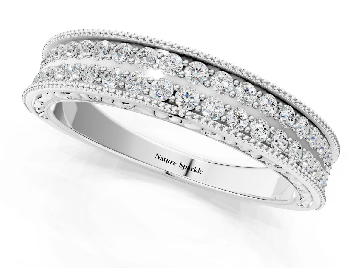 Silver Pavé Round Diamond Eternity Band with Milgrain Edge