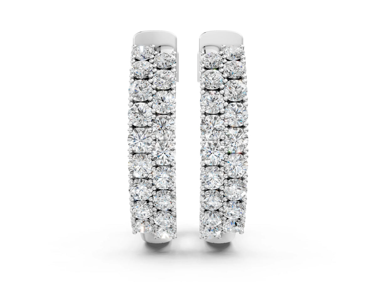 Silver Pave Round Diamond Hoop Earrings with Channel Band and Shared Prong Setting