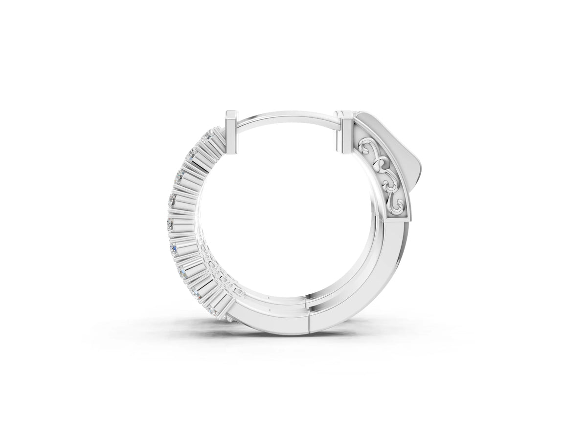 Silver Pave Round Diamond Hoop Earrings with Channel Band and Shared Prong Setting
