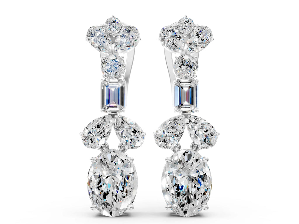 Silver Pear, Baguette and Oval Diamond Monaco Drop Earrings