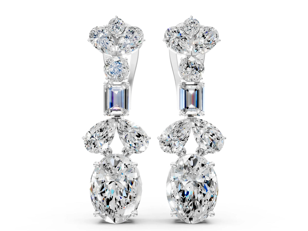 Silver Pear, Baguette and Oval Diamond Monaco Drop Earrings