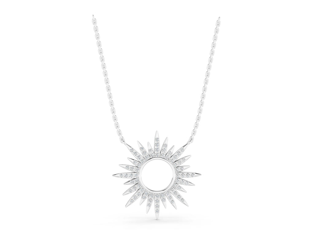 Silver Round Cut Diamond Sunburst Pendant with Pavé Setting