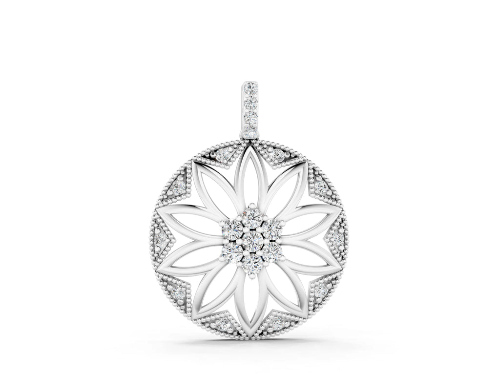 Silver Round Diamond Cluster Flower Pendant