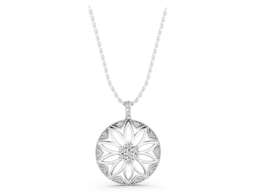 Silver Round Diamond Cluster Flower Pendant