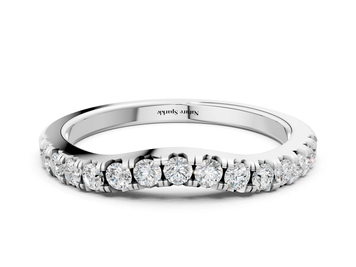 Silver Round Diamond Curved Pavé Wedding Band with Shared Prong Setting