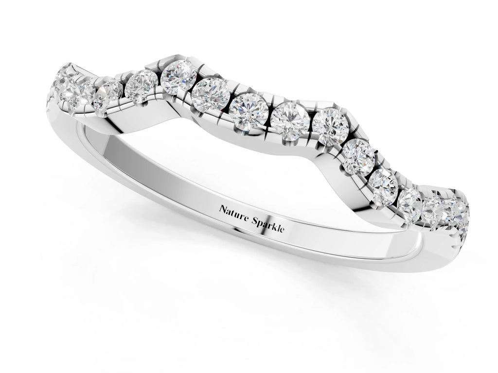 Silver Round Diamond Pavé Curved Wedding Band