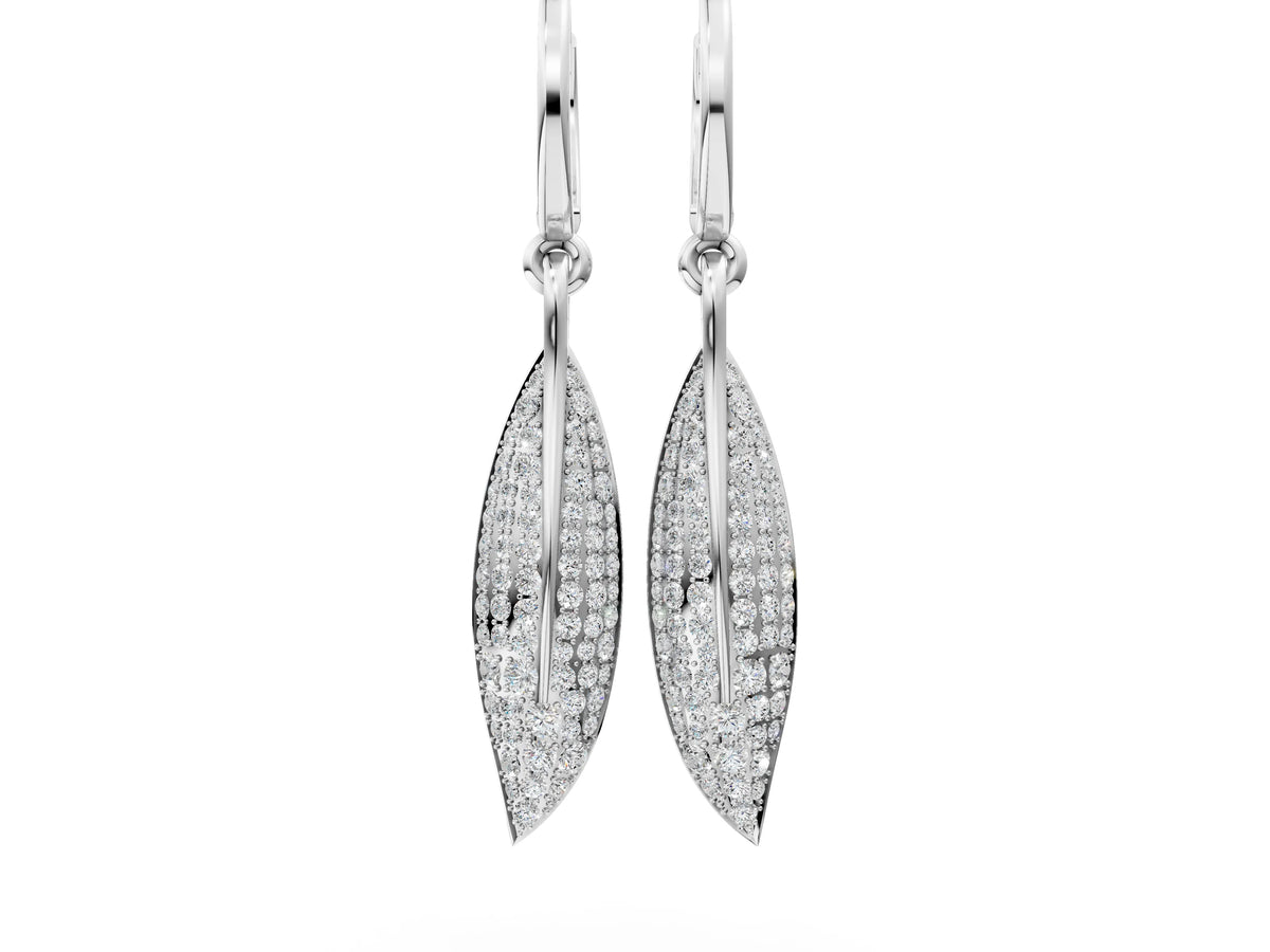 Silver Round Diamond Pavé Leaf Huggie Drop Earrings