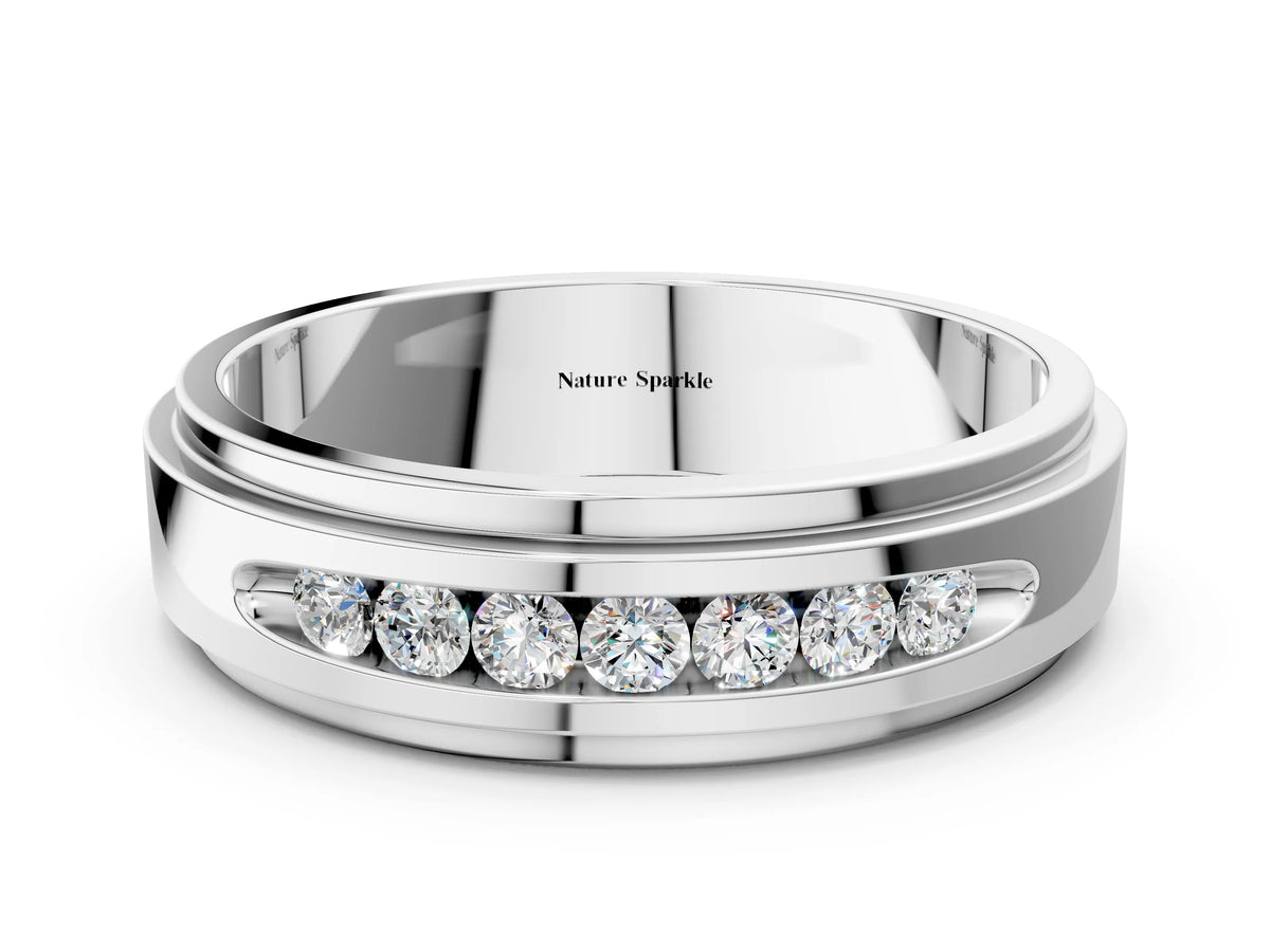 Silver Round Diamond Seven-Stone Channel Set Mens Band