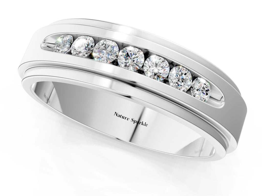 Silver Round Diamond Seven-Stone Channel Set Mens Band