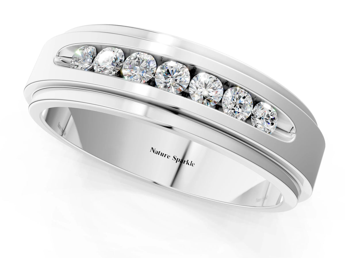 Silver Round Diamond Seven-Stone Channel Set Mens Band
