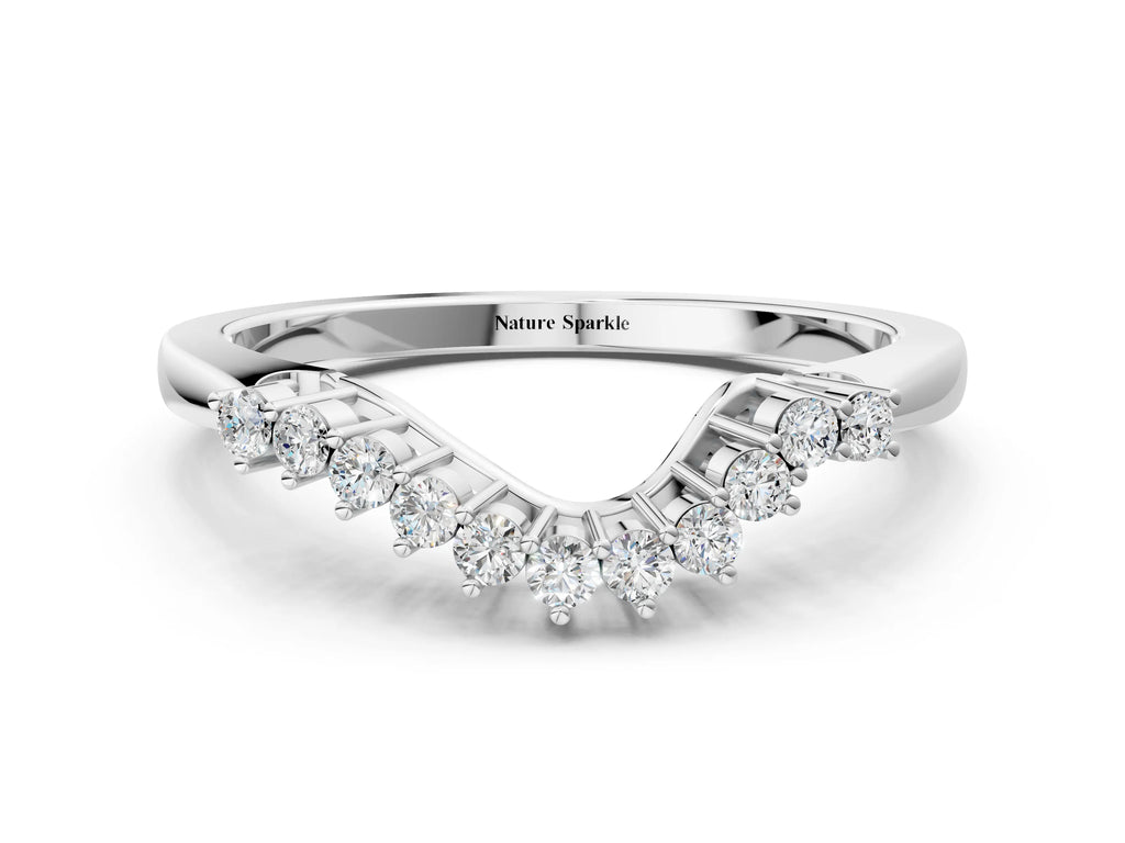 Silver Round Diamond V-Shaped White Gold Band with Prong Setting