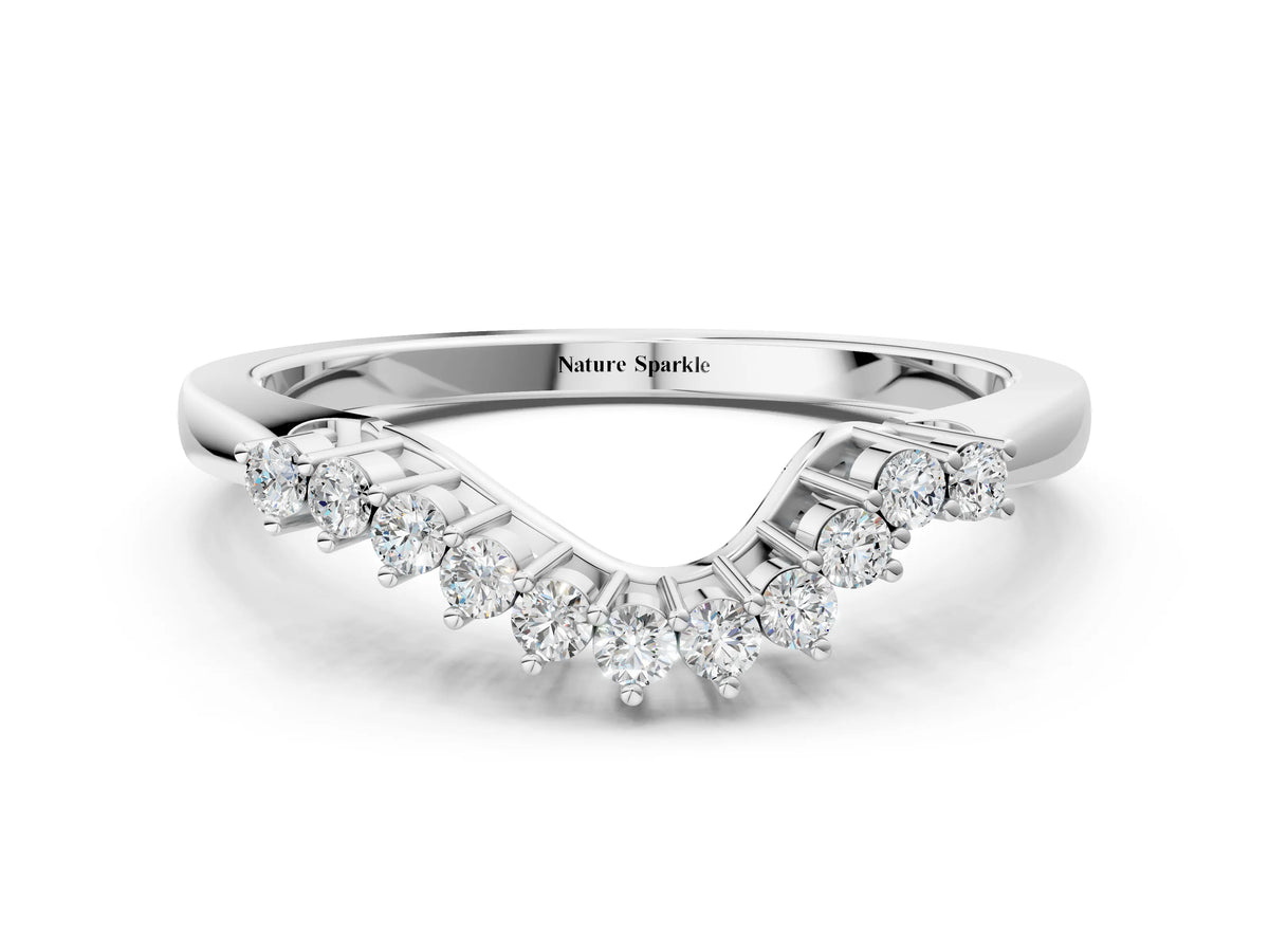 Silver Round Diamond V-Shaped White Gold Band with Prong Setting
