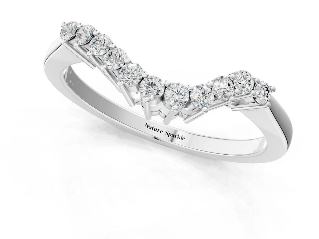 Silver Round Diamond V-Shaped White Gold Band with Prong Setting