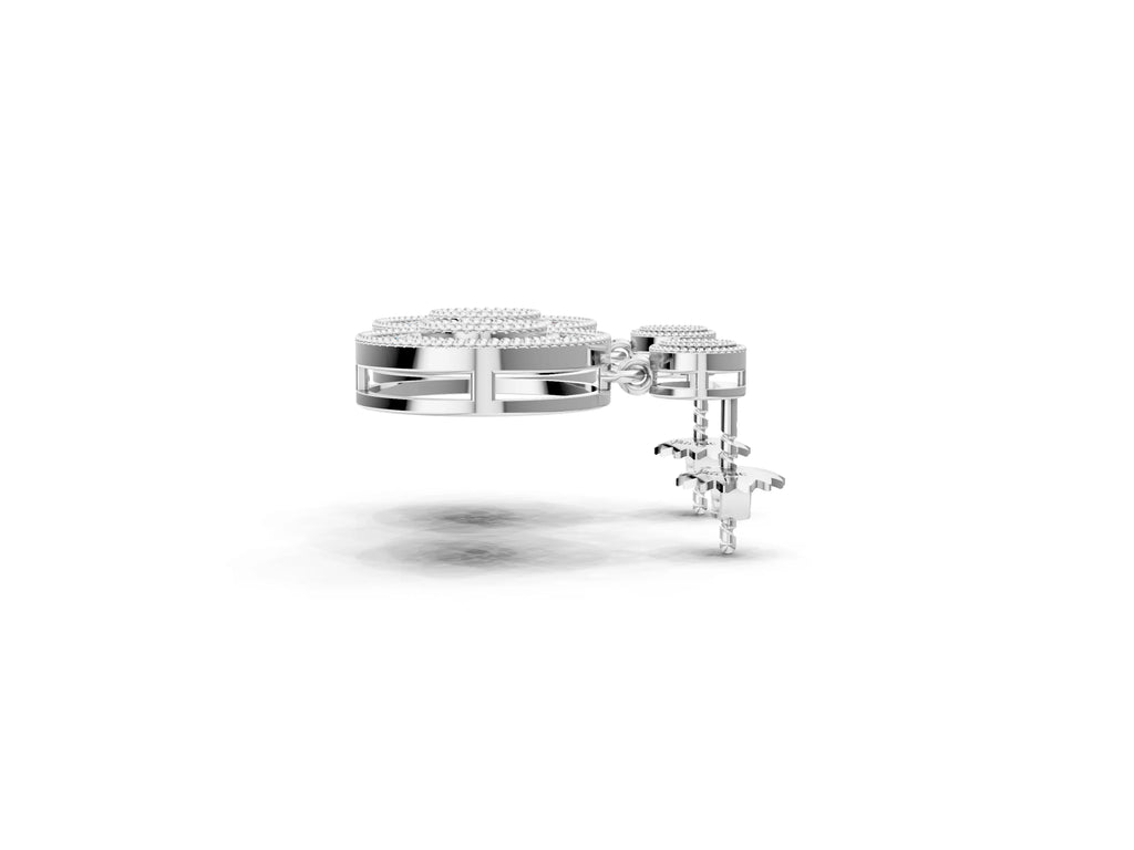 Silver Round Halo Diamond Drop Earrings with Milgrain Bezel Setting