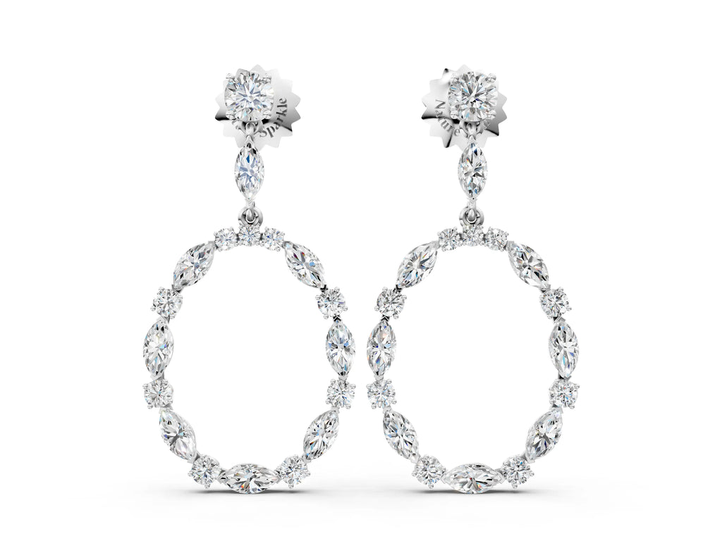Silver Round and Marquise Diamond Open Oval Drop Earrings
