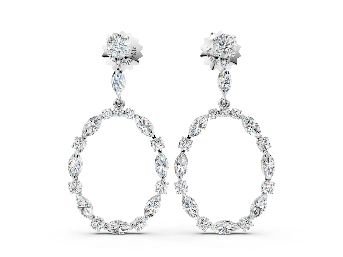 Silver Round and Marquise Diamond Open Oval Drop Earrings
